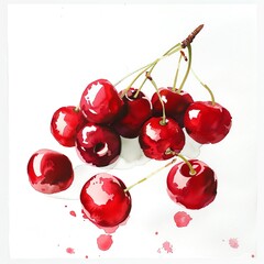 Minimalistic watercolor of cherries on a white background, cute and comical.
