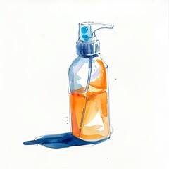 Minimalistic watercolor of a sunscreen bottle on a white background, cute and comical.