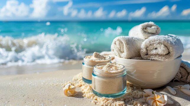Facial scrubs on a sunny beach with clear blue skies
