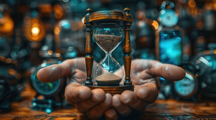 A hands holding a vintage hourglass beside modern digital devices, illustrating the evolution of time management tools.