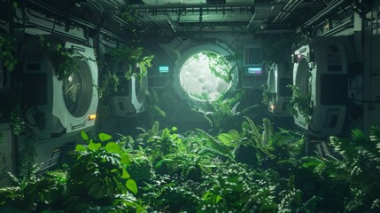 Abandoned space station overgrown with vegetation, plants and grass, empty room. Light from windows and portholes illuminates hall of space station. Something strange is happening. 3d illustration