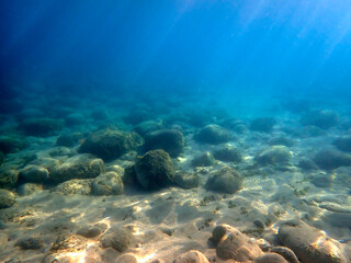Vista subacquea del fondale marino con pietre e raggi di sole 2706