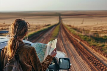 A traveler looking at a map next to their car on a rural road, surrounded by open fields and a clear horizon, planning the next leg of their journey.