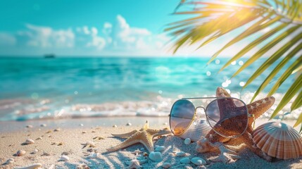 A beach scene with a pair of sunglasses and a starfish on the sand