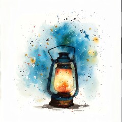 Minimalistic watercolor of a celestial-themed lantern for soft nighttime illumination on a white background, cute and comical.