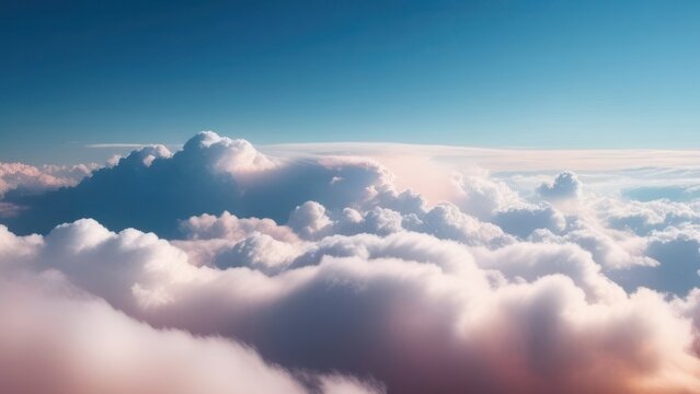 Flight high above the clouds. Cloudscape at sunset. Peach fuzz and blue colors