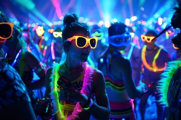 A vibrant scene of festival-goers wearing glow-in-the-dark accessories and dancing to electronic music, with laser lights cutting through the night.