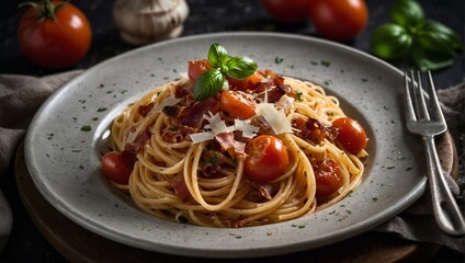 Spaghetti alla Amatriciana with pancetta bacon, tomatoes and pecorino cheese