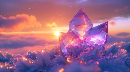 A cluster of purple crystals on a snowy field with a sunset in the background.