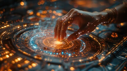 A businesswoman hand pressing a futuristic interface, symbolizing innovation.