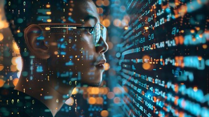 Visionary image of an AI developer, shown with a background of binary codes and machine learning diagrams, highlighting innovation 