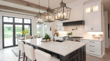 Fototapeta premium Modern Light Fixture. Luxury Home Interior: White Kitchen with Dark Accents in Modern Farmhouse