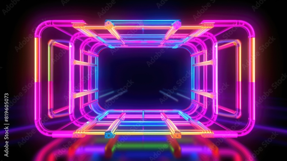 Poster futuristic neon light portal in a reflective surface. luminous neon light portal with square shape w