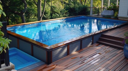 Above Ground Pools. Relaxing Blue Water Oasis in Your Backyard with Decking Frame