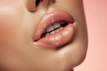 Fototapeta premium Beauty Lips. Closeup of Model's Beige Lips in Studio, Makeup on Woman's Face