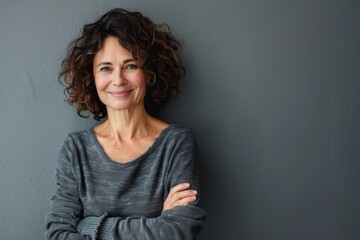 European Woman Portrait. Cheerful Middle-Aged Female with Curly Hair Smiling Isolated on Grey