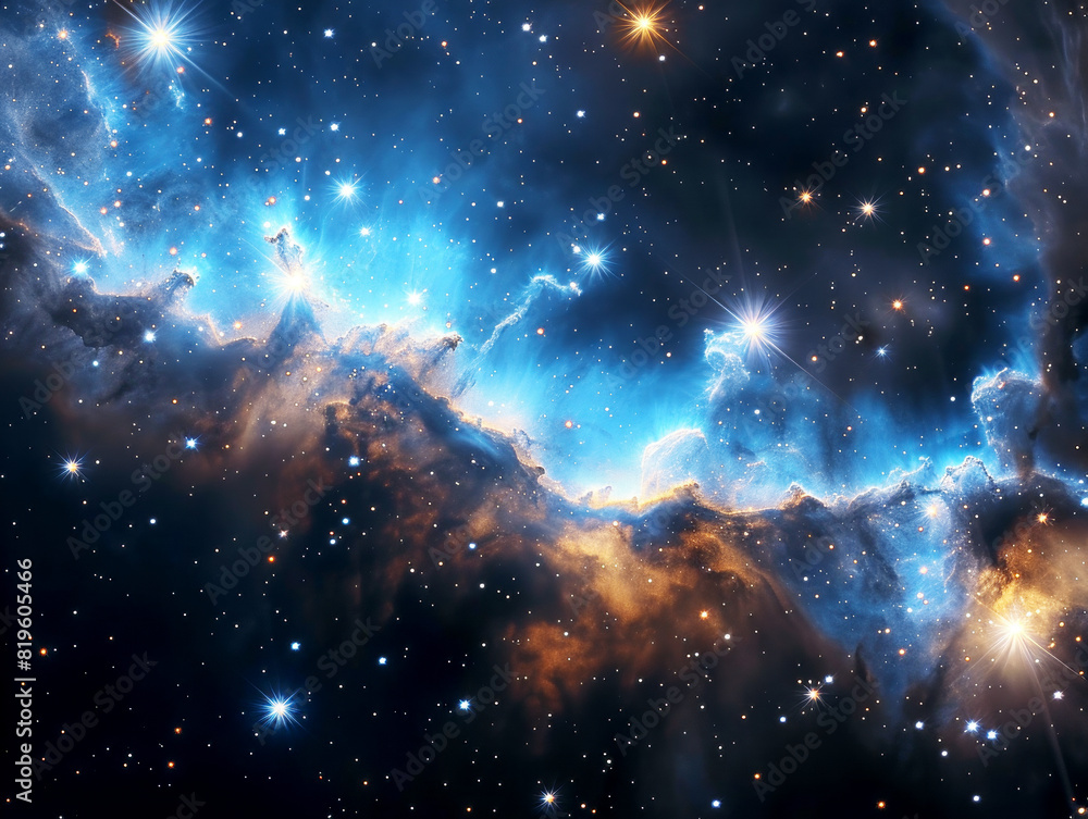 Poster a vibrant cosmic scene depicting a starry nebula with numerous bright stars on a dark space backgrou