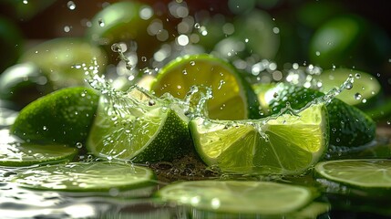 Zesty Lime Juice Splash, Green Lime Wedges Floating, Bright Lime Green