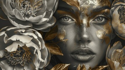 Portrait of cropped women faces with golden decoration. Monochrome peonies on background
