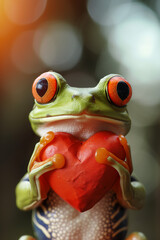 Cute red eyed frog with heart, vertical greeting card template.