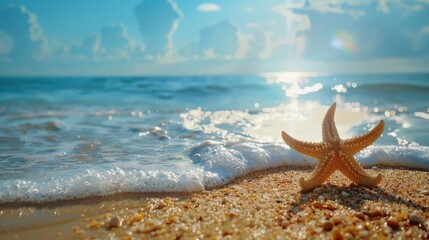 A starfish is laying on the beach next to the ocean