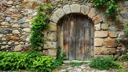 Fototapeta na wymiar Stone Arch Entrance Wall, Garden Door, Old Rock Gate Path in Brick Garden
