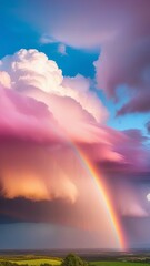 The bright rainbow on the beautiful blue sky and pink peach fuzz cloudscape background. Clouds vertical shot