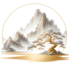 Abstract art traditional Chinese nature landscape scene an ancient tree on rocky mountains luxury style gold black and white tones on white background with copy space.
