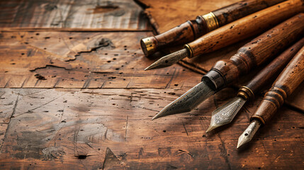 Vintage wooden fountain pens on rustic table. A collection of vintage wooden fountain pens placed on a rustic, worn wooden table, evoking a sense of nostalgia and timeless craftsmanship.