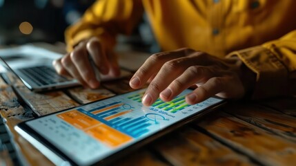 A Hand scrolling through financial information on smartphone which represents mobile business management.