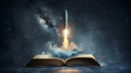 A rocket launching from an open book.