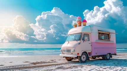 A pink ice cream truck is parked on a beach