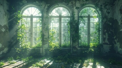 Obraz premium Windows of empty abandoned house palace overgrown with vegetation, ivy and vines from inside. Magical fabulous house windows in room. Building is captured by nature and vegetation. 3d illustration 