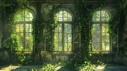 Windows of empty abandoned house palace overgrown with vegetation, ivy and vines from inside. Magical fabulous house windows in room. Building is captured by nature and vegetation. 3d illustration 