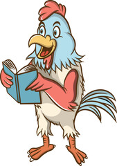 cartoon illustration design of a rooster reading a book.eps