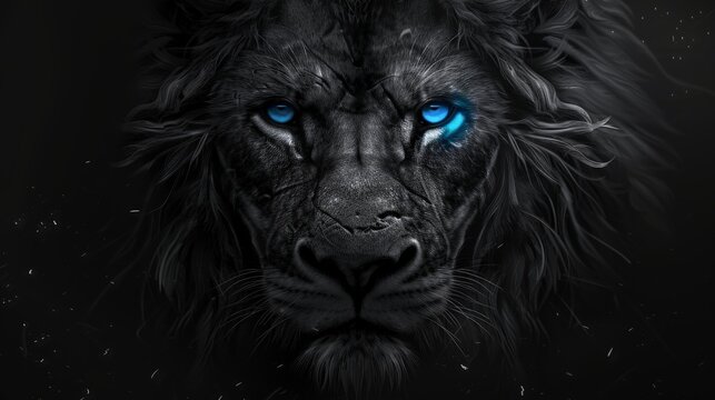 A 2D grayscale illustration of a fierce lion with glowing blue eyes on a black background 