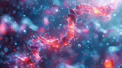 a glowing red and pink double helix surrounded by blue and white particles.