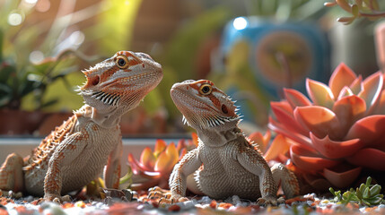 next to its open terrarium, with a child's toy dinosaur positioned as if they are having a silent conversation, showcasing a peaceful coexistence 