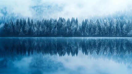 Fototapeta premium beautiful abstract nature background of lake surface reflecting spruce forest textures and blue sky