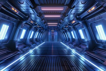 Futuristic design spaceship interior with metal floor and light panels 