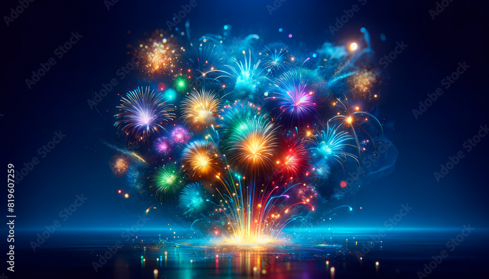 Poster an elaborate display of digital fireworks in various colors over a reflective water surface, against