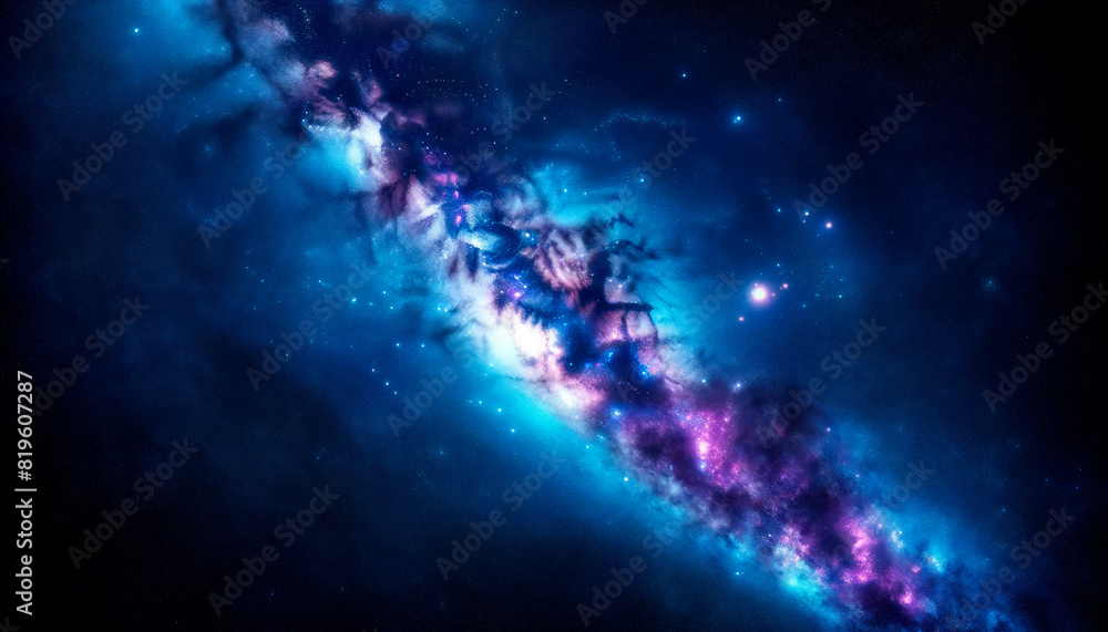 Poster a vibrant cosmic space scene with stars and nebulae on a dark background, depicting the vastness of 