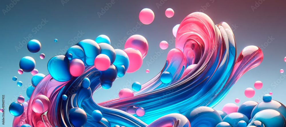 Poster a colorful abstract liquid swirl with floating spheres, in a realistic style, against a bright backg