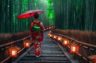 Colorful Japanese woman in kimono holding an umbrella walking up the stairs of a bamboo forest, along a wooden path with lanterns along the way and green bamboo trees everywhere. 