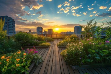 Fototapeta premium Urban Rooftop Garden at Sunset