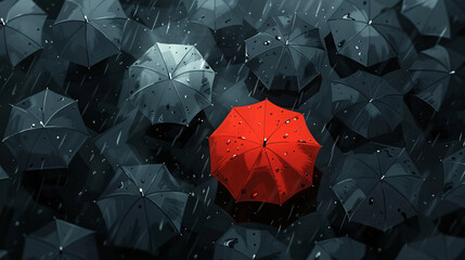 Illustration a bunch of black umbrellas and a single red one
