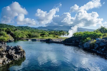 Fototapeta premium Misty Lake with Steaming Rocks