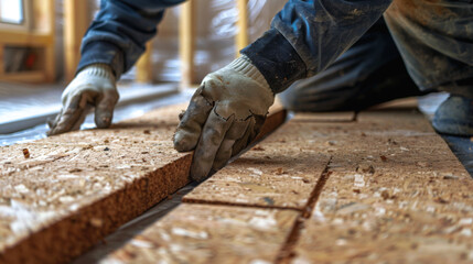 A builder installing innovative, eco-friendly cork insulation in a renovation project, highlighting