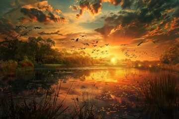 Obraz premium Sunset Over Tranquil Lake with Birds