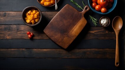 Abstract food background. Top view of dark rustic kitchen table with wooden cutting board and cooking spoon, frame. Banner or template